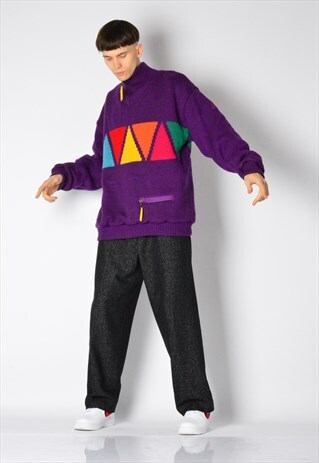 VINTAGE 80S PURPLE WOOL KNIT COLOURFUL THICK SKI JUMPER