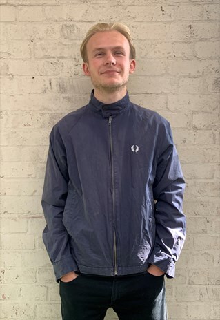 VINTAGE 1990S NAVY BLUE FRED PERRY LOGO HARRINGTON COAT