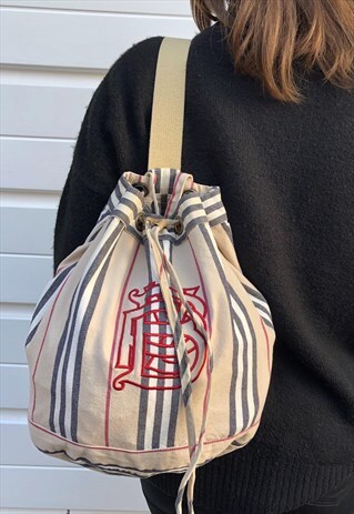 WOMENS BURBERRY HANDBAG BEIGE NOVA STRIPE RUCKSACK STYLE BAG