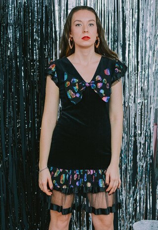 VELVET DRESS 80S PARTY BLACK RAINBOW INSERTS BIG BOW PROM M