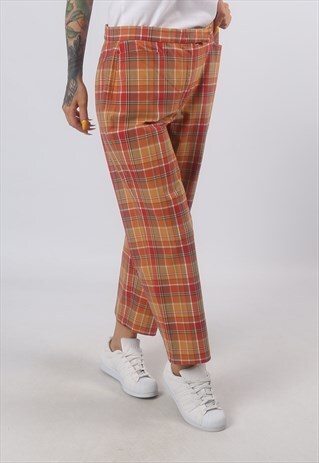 HIGH WAISTED TROUSERS TARTAN WIDE TAPERED UK 14 - 16 (72I)