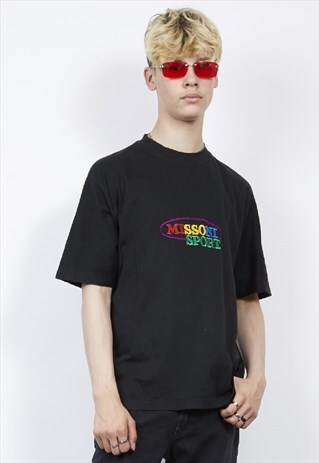 VINTAGE 80'S MISSONI RAINBOW LOGO BLACK T-SHIRT