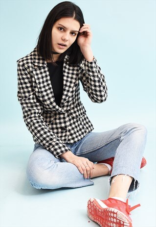 80'S RETRO DOGTOOTH PATTERN TWEED BLAZER JACKET