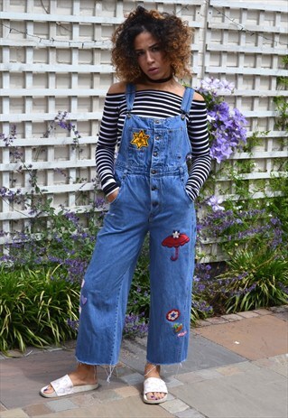 DENIM FRAYED EDGES PATCHED FESTIVAL DUNGAREES