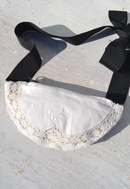 Handmade white/beige/black crochet/embroidered waist bag