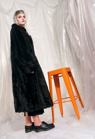 VINTAGE WINTER COAT 80S FAUX FUR BLACK GRUNGE LONG WARM COAT