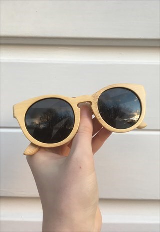 UNISEX VINTAGE STYLE BEIGE WOODEN LOOK ROUND SUNGLASSES