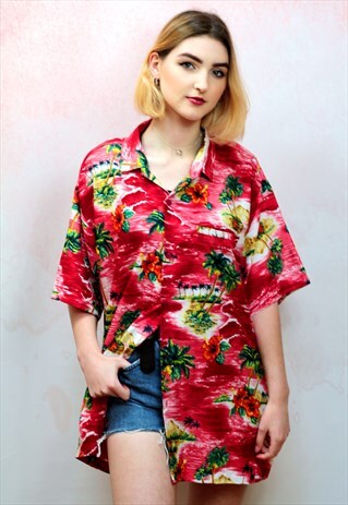 1990S VINTAGE RED HAWAIIAN SILK OVERSIZED SHIRT