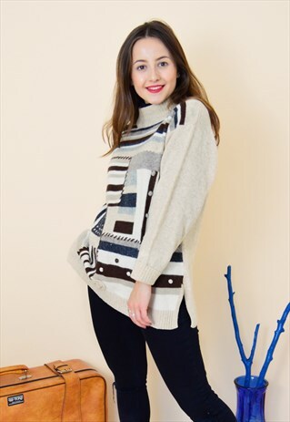 90S VINTAGE TURTLE NECK WOOL JUMPER WITH ABSTRACT PRINT