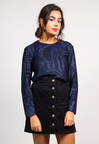 VINTAGE 90'S DEEP BLUE PATTERNED SOFT VELVET LONG SLEEVE TOP
