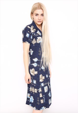 VINTAGE 90S BLUE PRINT MIDI DRESS