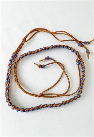 VINTAGE 70S BOHO BRAIDED BROWN LEATHER&BLUE BEAD BELT S