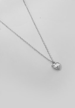 54 Floral Iced Crystal Heart Pendant Necklace Chain - Silver