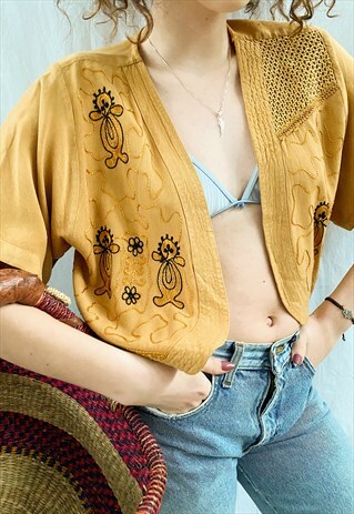 VINTAGE 90S BOHEME HIPPIE BOHO OPEN FRONT BLOUSE CROP TOP