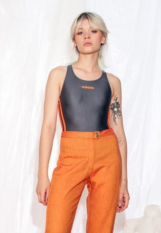 Vintage 90s Adidas Swimsuit Grey Orange Open Back