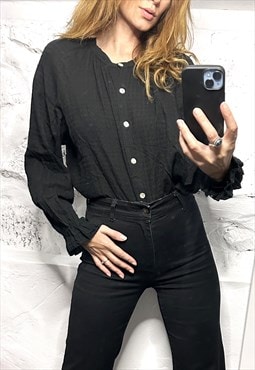 90s Minimal Black Blouse With Buttons - M