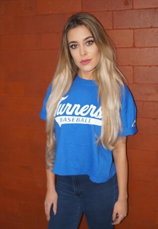 VINTAGE REMADE BLUE BASEBALL CROPPED TSHIRT
