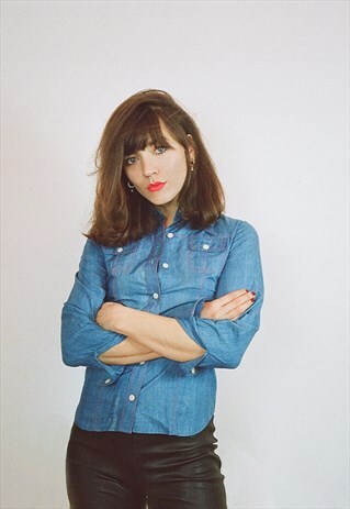 VINTAGE 1970S DENIM DAGGER COLLAR SHIRT IN BLUE - FESTIVAL