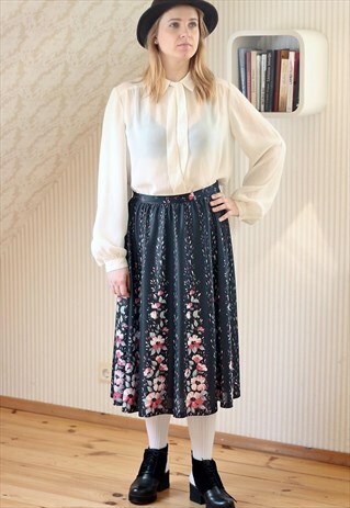 BLACK BRIGHT FLORAL MIDI SKIRT