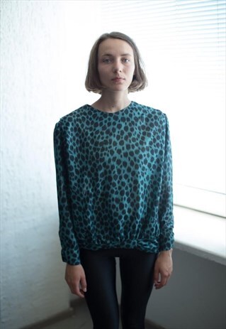 VINTAGE 80'S BLUE/BLACK PATTERNED BLOUSE