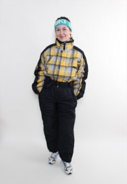 90s black one piece ski suit, Vintage yellow plaid women 