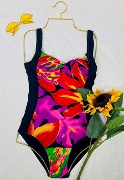Vintage 80's Abstract Floral Low Back Colourful Swimsuit