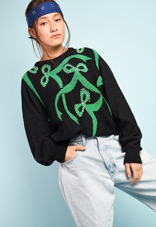 VINTAGE 80'S RETRO RIBBON PATTERN BEADED SLOUCHY KNIT JUMPER