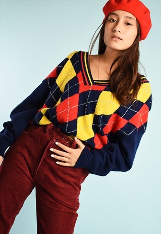 VINTAGE 70S RETRO ARGYLE PATTERN OVERSIZED JUMPER IN BLUE