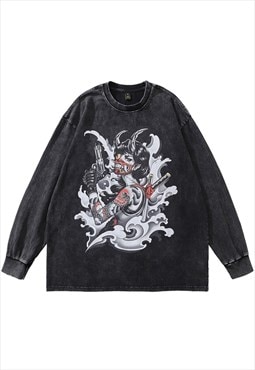 Anime t-shirt vintage wash top warrior print long tee grey