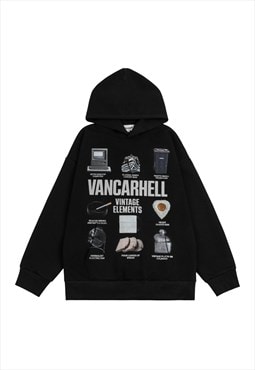 Y2k print hoodie retro pullover old wash skater jumper black