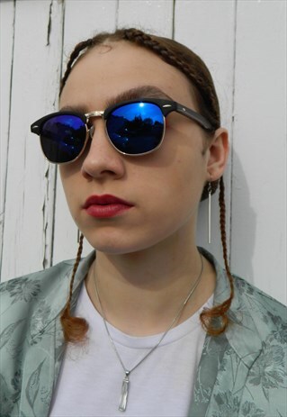 BLUE REFLECTIVE SUNGLASSES CLUB MASTER WOODEN FRAME