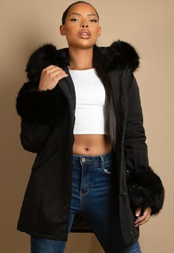 Hooded Parka With Chunky Faux Fur Cuff In Black