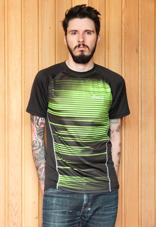 ASICS VINTAGE 1990S GREEN AND BLACK STRIPED T-SHIRT