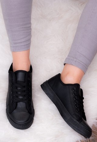 NEVER FEAR LACE UP FLAT TRAINERS SHOES - BLACK LEATHER STYLE