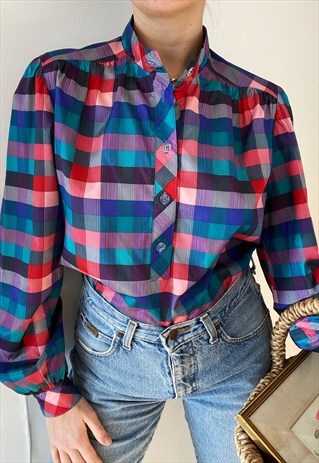 VINTAGE 70S MOD CHECK MILKMAID PARISIAN TUNIC BLOUSE TOP