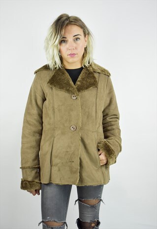 BEAUTIFUL VINTAGE BROWN FAUX SUEDE FIELD WINTER JACKET