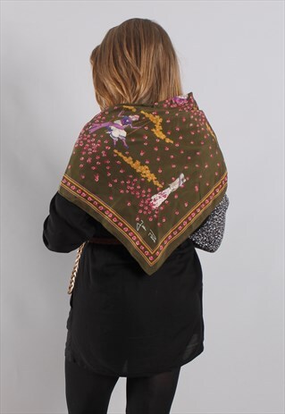 VINTAGE 60S CHERRY BLOSSOM PATTERNED SILK JEAN PIERRE SCARF