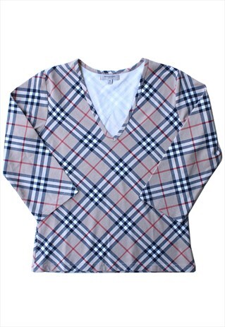 VINTAGE Y2K BURBERRY V-NECK CHECK PRINTED BEIGE TOP