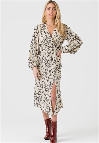 CREAM AND BLACK FLORAL WRAP MIDI DRESS WITH SIDE SPLIT
