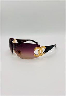 Chanel Sunglasses CC Rimless Shield Wrap Brown Gold 4125