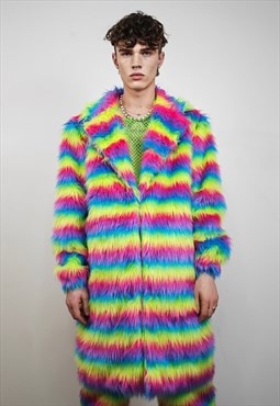 Rainbow shaggy fur coat rave striped festival trench jacket