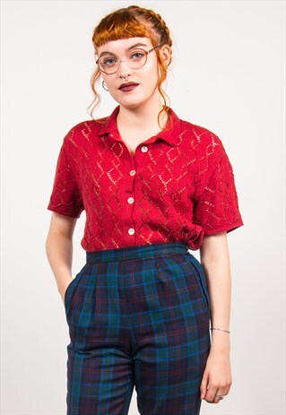 VINTAGE 70'S RED CROCHET KNIT CUTE COLLARED TOP T-SHIRT