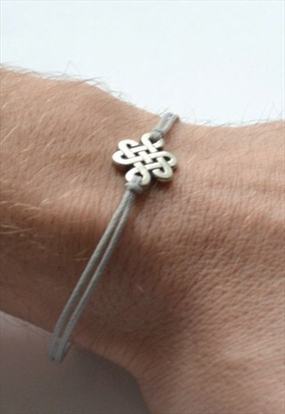 MENS BRACELET SILVER INFINITY CELTIC KNOT CHARM GREY CORD
