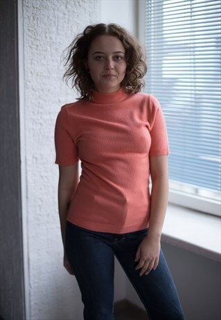 VINTAGE 90'S PEACH PINK HIGH COLLAR SHORT SLEEVES TOP
