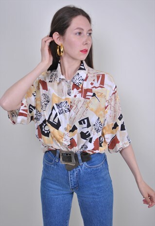 70S ABSTRACT PRINT BLOUSE, VINTAGE PARTY PATTERN SHIRT