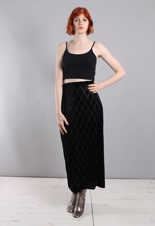 VINTAGE 90S BURNOUT BLACK VELVET MAXI SKIRT