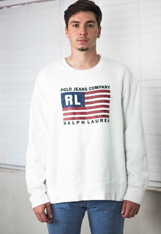 VINTAGE POLO RALPH LAUREN SWEATSHIRT FLAG LOGO 90S XL 19.3