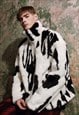 FAUX FUR JACKET AZTEC 80S PRINT BOMBER COW FLEECE IN WHITE