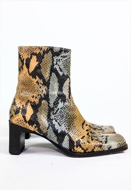 Vintage Y2K Snake Print Leather Ankle Boots UK4 37