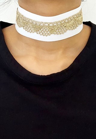FESTIVAL MEDIUM VELVET -WHITE & METALLIC LACE CHOKER - GOLD
